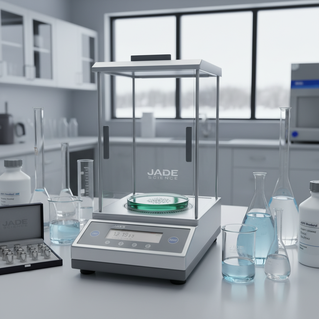 An elegant close-up of a high-precision analytical balance on a spotless, light-gray countertop, holding a small, translucent jade-colored sample dish that subtly echoes the Jade Science brand. Around it, neatly arranged glass beakers and reference standards convey meticulous quality control work that is clearly scientific but not medical or supplement-related. Cool, even studio-style lighting creates clean highlights along the glass edges and the brushed metal of the balance. Shot from a slightly elevated angle with photographic realism, using rule-of-thirds composition so the balance dominates the frame. The background shows a softly blurred hint of a modern Minnesota research facility interior, creating a calm, deliberate atmosphere that communicates accuracy, reliability, and refinement.