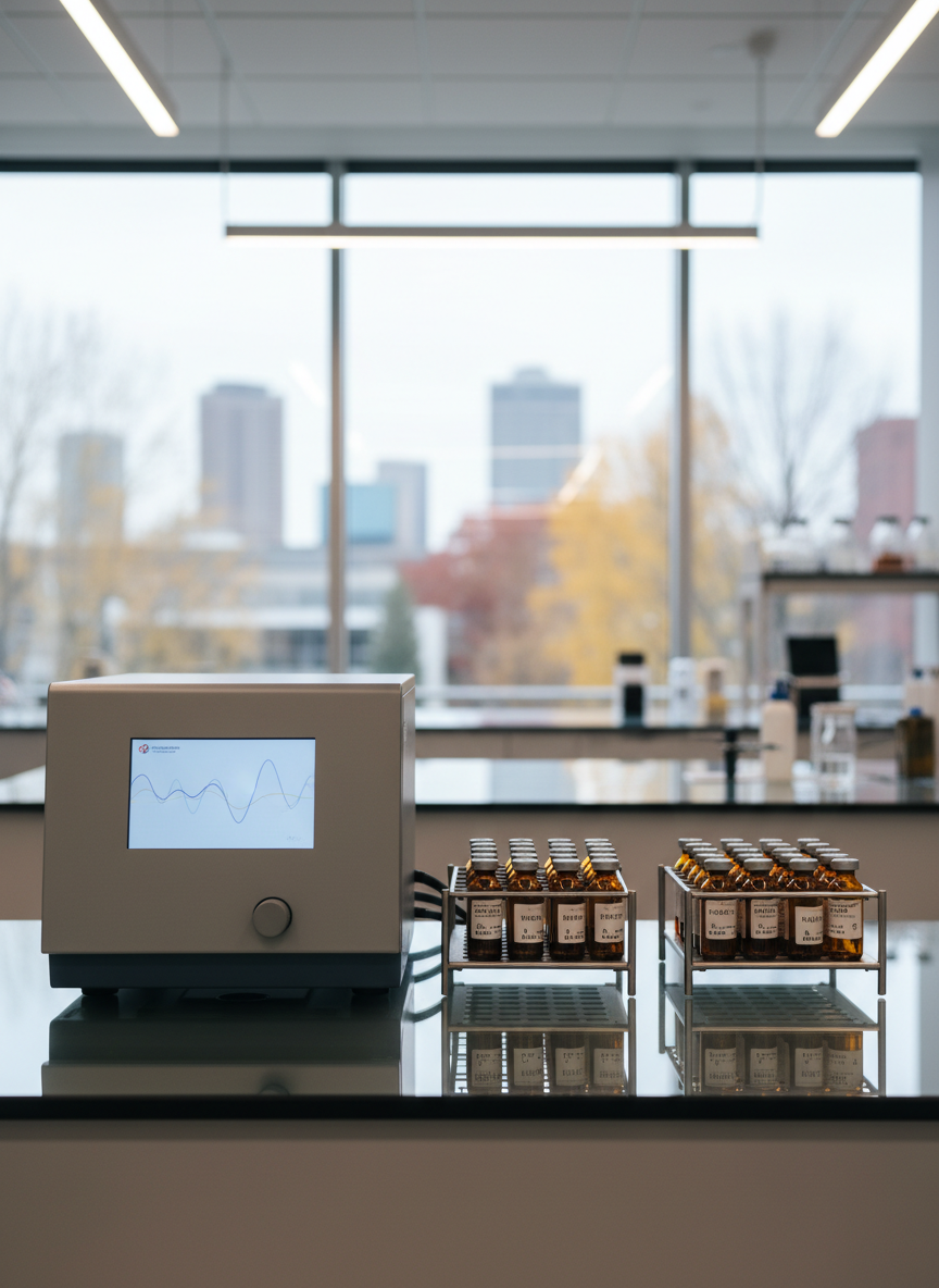 A polished, glass-topped laboratory bench arranged with advanced but non-medical scientific instruments: a sleek benchtop analyzer with a neutral interface, precise stainless-steel sample racks, and neatly labeled amber glass vials. In the background, tall windows reveal a hint of a Minnesota cityscape with subtle autumn foliage. Soft, diffused daylight from the windows combines with cool overhead lighting, creating crisp reflections on metal surfaces and gentle shadows under equipment. Photographic realism at eye level, with a shallow depth of field that keeps the front instruments in tack-sharp focus while the background softly blurs. The mood is sophisticated, orderly, and trustworthy, emphasizing high-end research and quality services without feeling clinical or pharmaceutical.