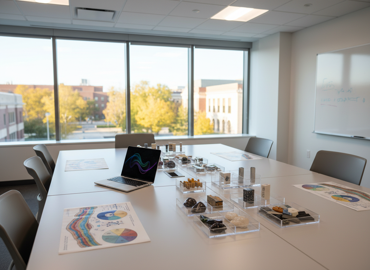 A sophisticated educational workspace featuring a large, matte-white laboratory table covered with carefully organized scientific teaching materials: laminated diagrams without visible text, mineral and material samples in clear multi-compartment trays, and a slim laptop displaying abstract data visualizations with no readable words. Behind the table, a tall window reveals a soft-focus view of a tree-lined Minnesota campus in late afternoon. Warm, indirect sunlight mixes with cool overhead light, creating a balanced, neutral tone. Photographic realism, captured from a wide, slightly elevated angle to reveal the full tabletop and room depth. The mood is thoughtful and academic, suggesting workshops or training sessions in scientific methods, quality principles, and research practices, all in a non-medical, business-focused setting.