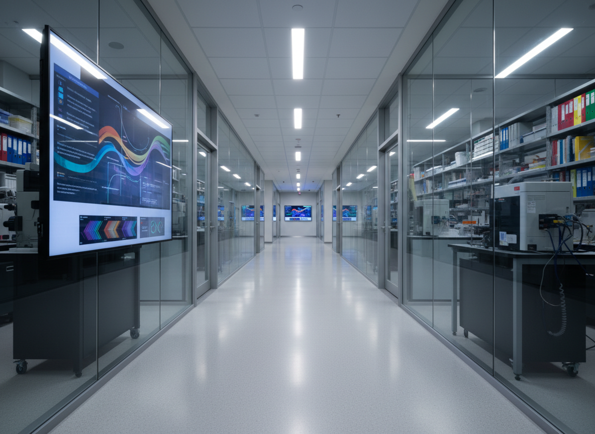 A long, pristine corridor in a modern research facility, with glass-walled rooms on either side revealing silhouettes of sophisticated instruments and organized storage for reference materials. Frosted glass panels and brushed aluminum door frames create a clean, architectural rhythm. Along one wall, a large digital display shows abstract charts and colorful data blocks without any text, symbolizing analytics and quality monitoring. Cool, linear LED ceiling lights cast even illumination, creating subtle reflections on the polished floor. Shot in photographic realism from a low, central perspective, the vanishing point pulling the viewer forward. The overall atmosphere is forward-looking and professional, evoking a Minnesota-based scientific company focused on research excellence and continuous quality improvement, without any clinical or hospital overtones.